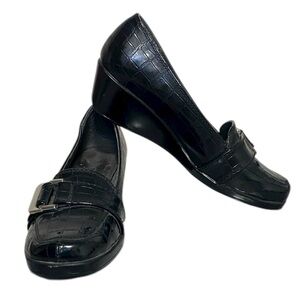 Aerosoles Temperature Black Croc Embossed Loafer Wedge‎ Shoes Size 7M